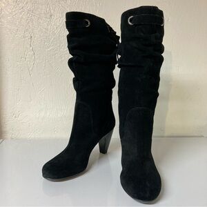 Connie Chloe 8M Black Suede Leather Slouch Heeled Boots 14” High Mid Calf